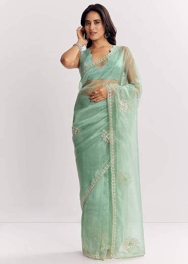 Mint Green Glass Tissue Saree With Cutdana And Sequins Embroidery