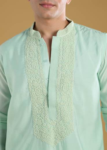 Mint Green Mens Kurta Set With Thread Detail