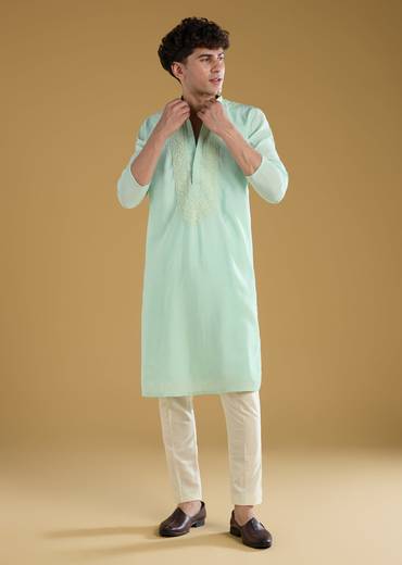 Mint Green Mens Kurta Set With Thread Detail