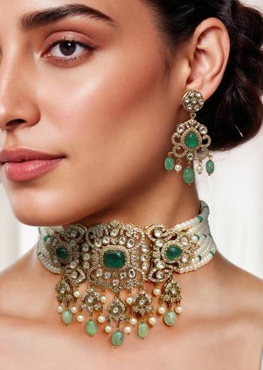 Mint Green Modern Polki Necklace and Dangler Set