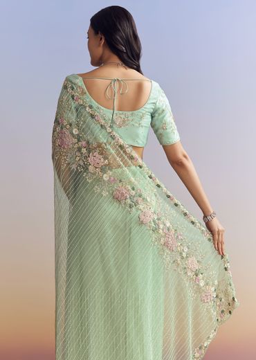 Mint Green Net Saree With Heavily Embroidered Border