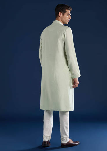 Mint Green Resham Embroidered Mens Kurta and Pant Set