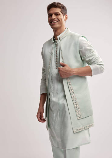 Mint Green Satin Blend Kurta Jacket Set For Men With Zardosi Work
