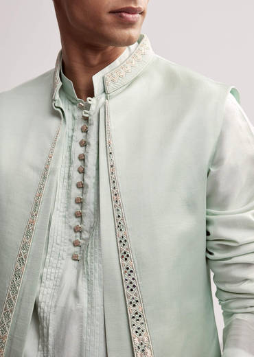 Mint Green Satin Blend Kurta Jacket Set For Men With Zardosi Work