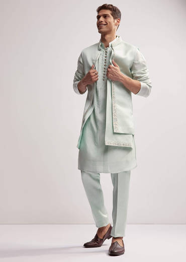 Mint Green Satin Blend Kurta Jacket Set For Men With Zardosi Work