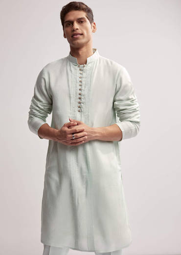 Mint Green Satin Blend Kurta Jacket Set For Men With Zardosi Work