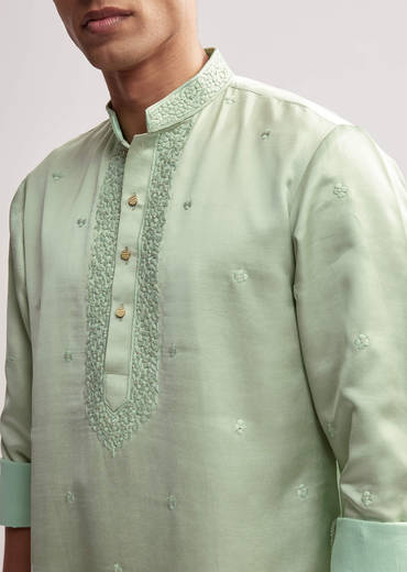 Mint Green Satin Blend Kurta Set For Men With Zardosi Embroidery