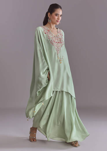 Mint Green Silk Kaftan Top And Drape Skirt Set With Resham Work
