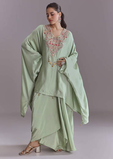 Mint Green Silk Kaftan Top And Drape Skirt Set With Resham Work