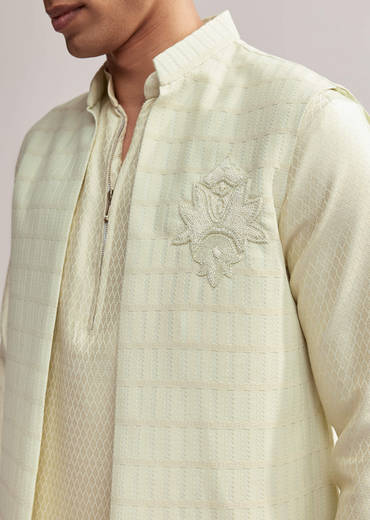 Mint Green Silk Kurta Jacket Set For Men With Cutdana Motif