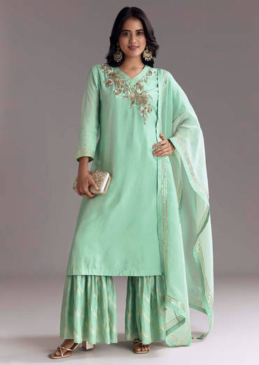 Mint Green Silk Kurta Sharara Set With Gotta Work
