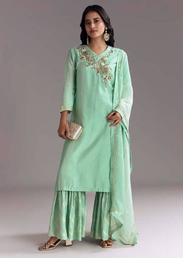 Mint Green Silk Kurta Sharara Set With Gotta Work