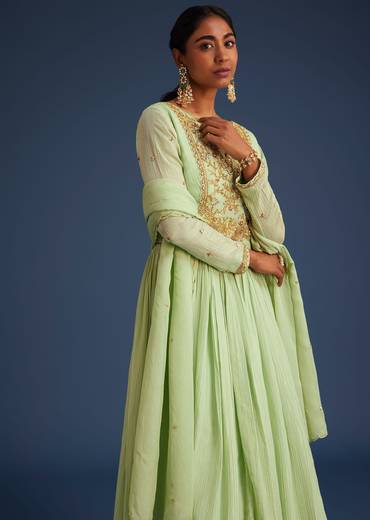 Mint Green Tissue Embroidered Anarkali With Dupatta
