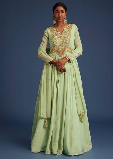 Mint Green Tissue Embroidered Anarkali With Dupatta