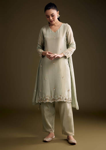 Mint Green Tissue Kurta Set With Sequins And Moti Work
