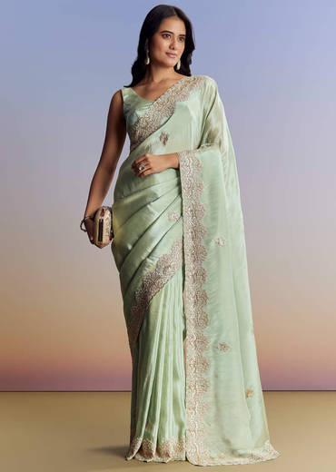 Mint Green Tissue Saree With Gota Patti Embroidery