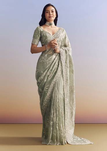 Mint Green Tissue Saree With Heavily Embroidered Finish