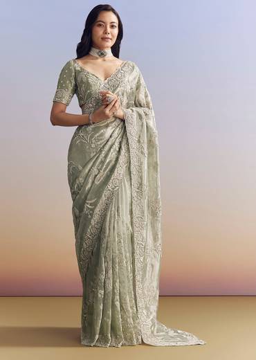 Mint Green Tissue Saree With Heavily Embroidered Finish
