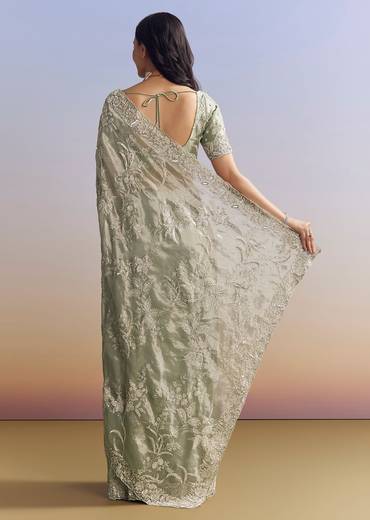 Mint Green Tissue Saree With Heavily Embroidered Finish