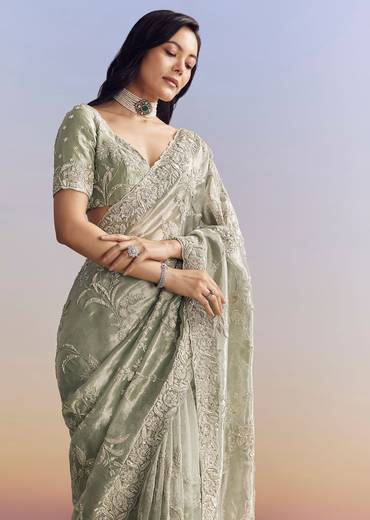 Mint Green Tissue Saree With Heavily Embroidered Finish