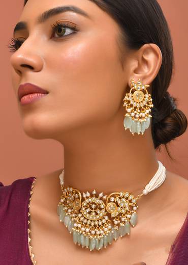 Mint Green White Necklace Set With Pachi Kundan