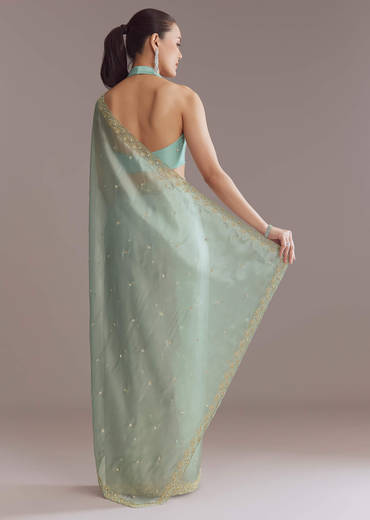 Mint Blue Tissue Saree With Sequin And Bead Embroidery