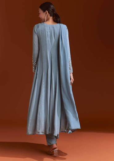 Misty Blue Chinon Anarkali Suit With Moti And Stone Work
