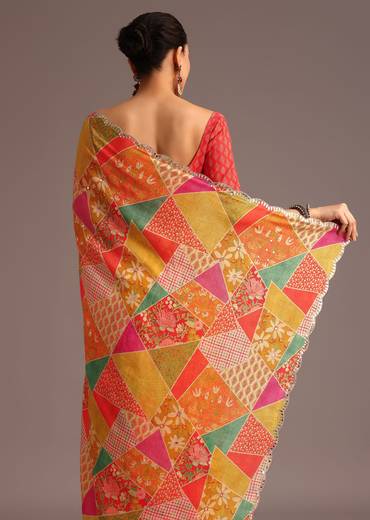 Multi Coloured Printed Muslin Saree With Unstitched Blouse