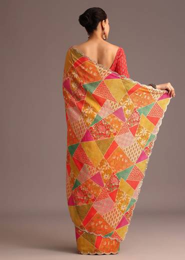 Multi Coloured Printed Muslin Saree With Unstitched Blouse