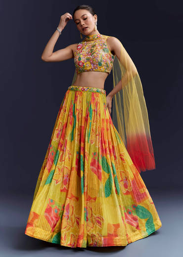 Multi Crepe Floral Print Bridesmaid Lehenga Set with Dupatta