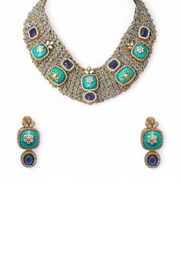 Multi Fusion Encursted Geometric Stone Necklace Set