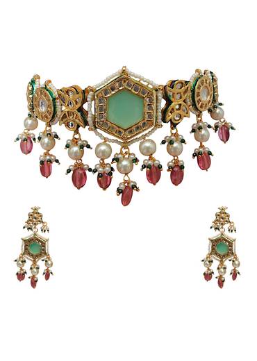 Multi Kundan Geometric Pendant Necklace and Earring Set