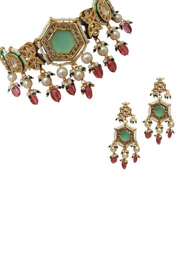 Multi Kundan Geometric Pendant Necklace and Earring Set