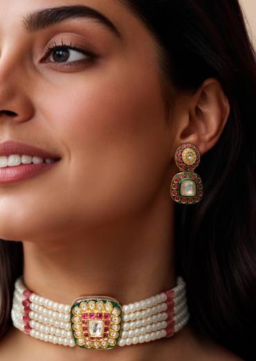 Multi Kundan Geometric Pendant Necklace Set