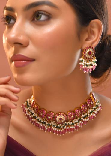 Multi Kundan Pendant Bead Drop Necklace and Earrings Set