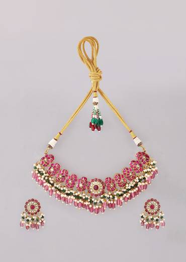 Multi Kundan Pendant Bead Drop Necklace and Earrings Set