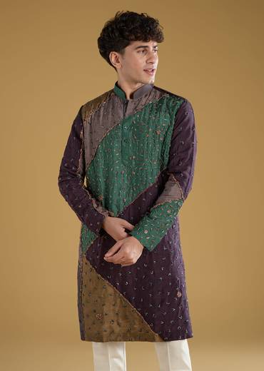 Multi Mens Kurta Set With Thread Detail