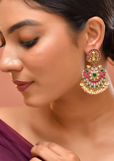 Multi Red Earrings With Pachi Kundan