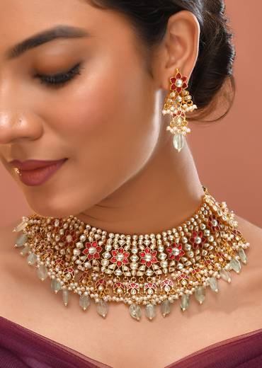 Multi Red Necklace Set With Pachi Kundan