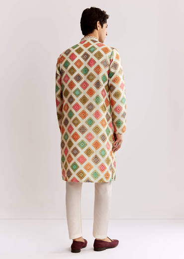 Multi Silk Kurta Set With Geometric Print