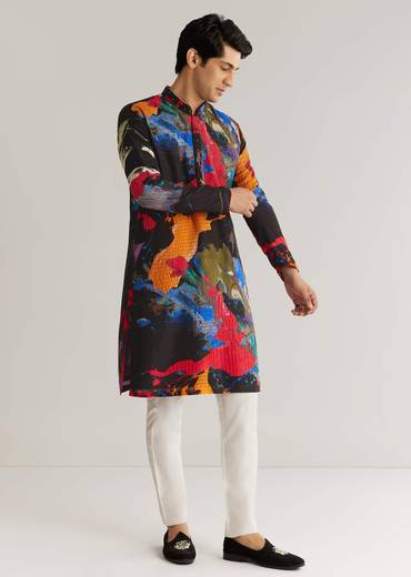 Multicolour Black Rawsilk Abstract Printed Kurta Set