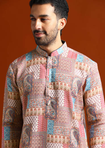 Multicolour Kurta Set For Men With Kantha Work