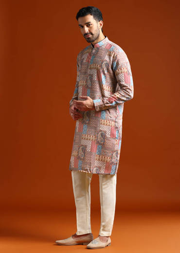 Multicolour Kurta Set For Men With Kantha Work