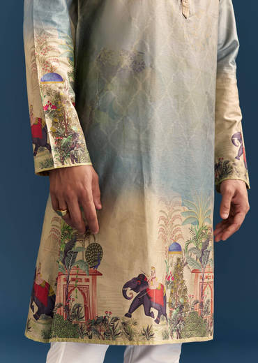 Multicolour Ombre Silk Printed Kurta Set For Men