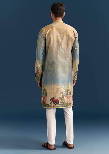 Multicolour Ombre Silk Printed Kurta Set For Men