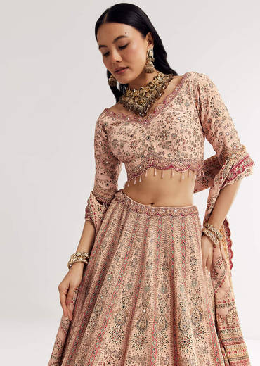 Multicolour Printed Stone Cutdana Embroidered Lehenga With Crepe Dupatta