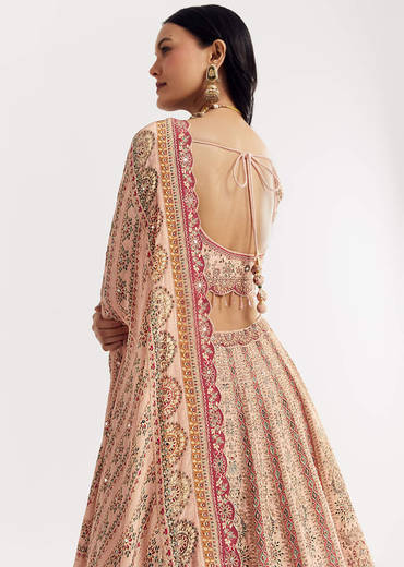 Multicolour Printed Stone Cutdana Embroidered Lehenga With Crepe Dupatta