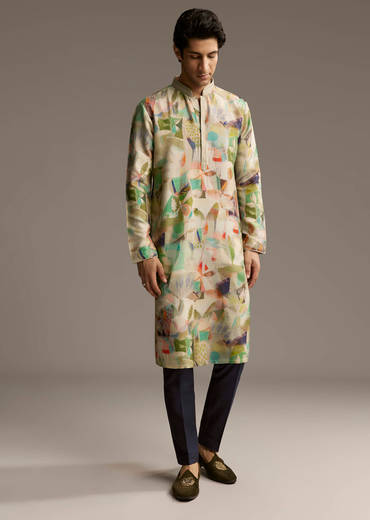 Multicolour Silk Kurta Set For Men With Abstract Geometric Print