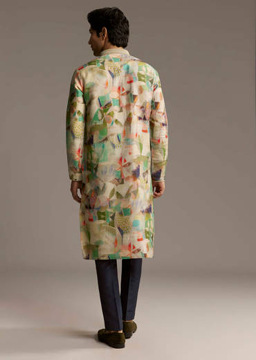 Multicolour Silk Kurta Set For Men With Abstract Geometric Print