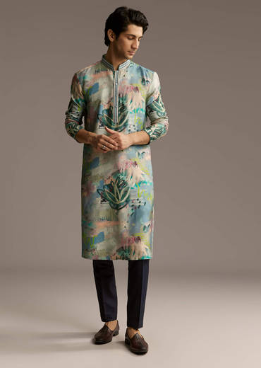 Multicolour Silk Kurta Set For Men With Artistic Brushstroke Print